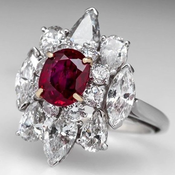 🌸LUXURY RUBY OLD MINE DIAMOND NOBLE SILVER SHINY FLOWER DAINTY RING, K920 - Picture 1 of 7